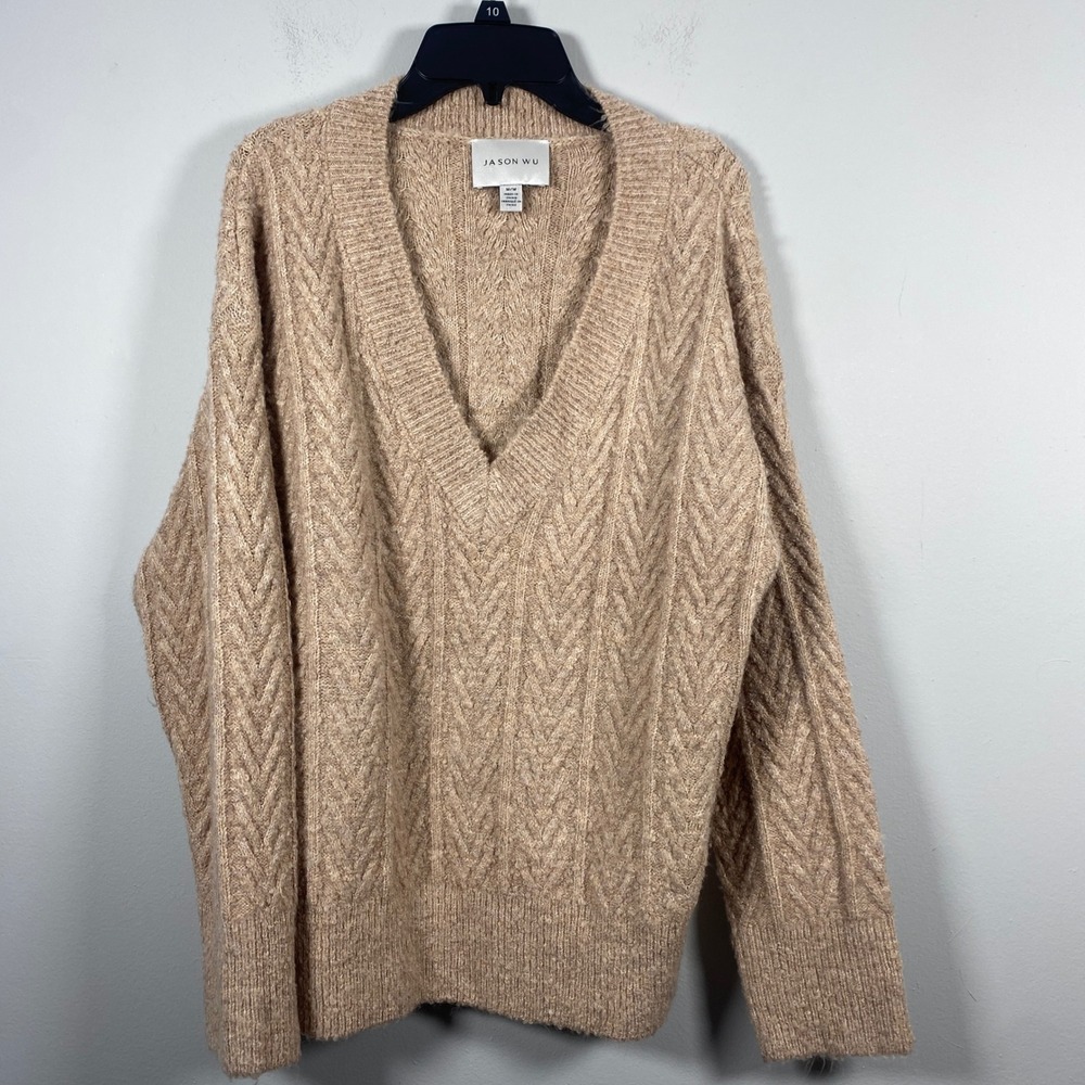 Jason Wu Sweater Womens Medium Tan Cable Knit V-Neck Oversized‎ Chunky Cozy